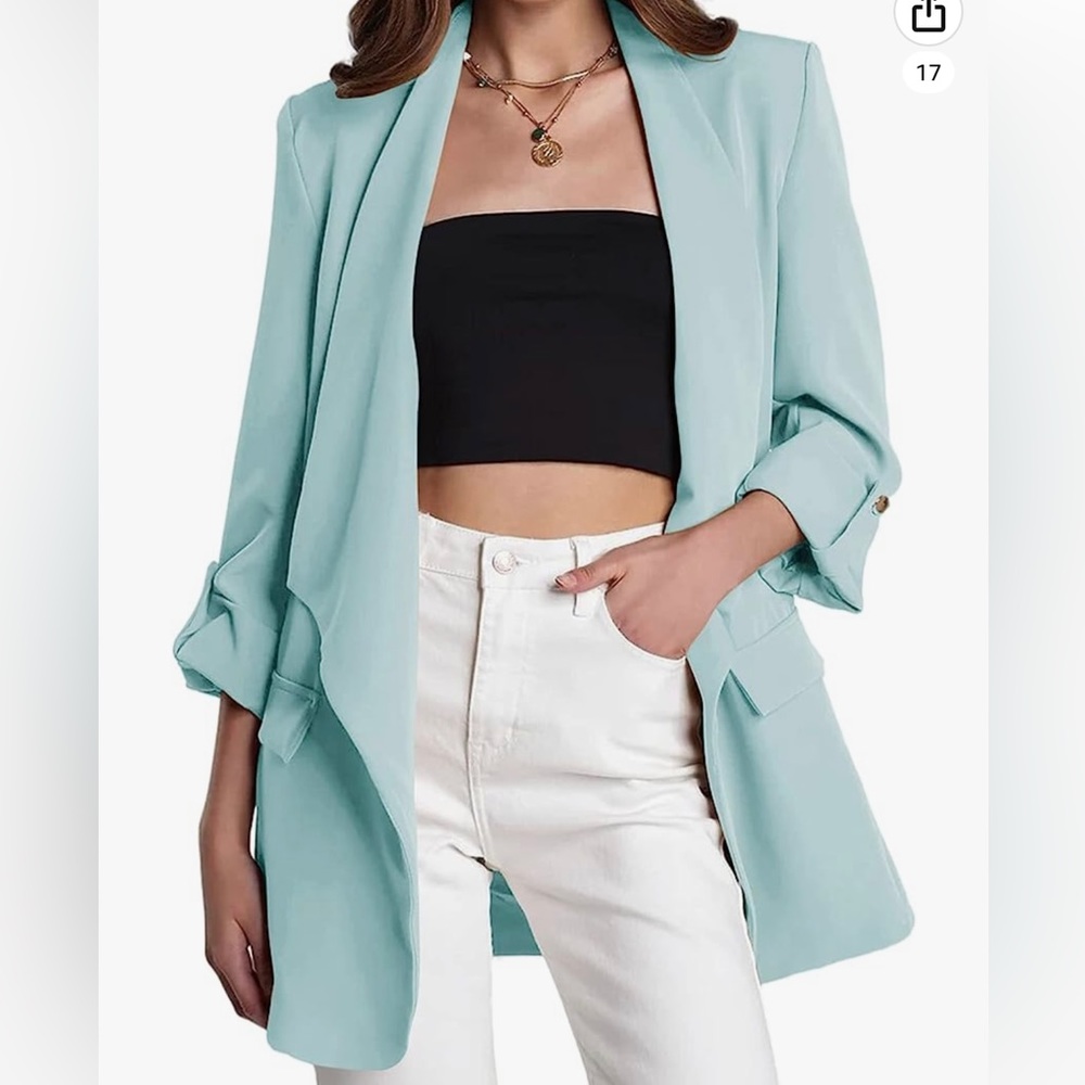 Womens Casual Blazer Open Front 3/4 Cuffed Sleeve Long Blazers